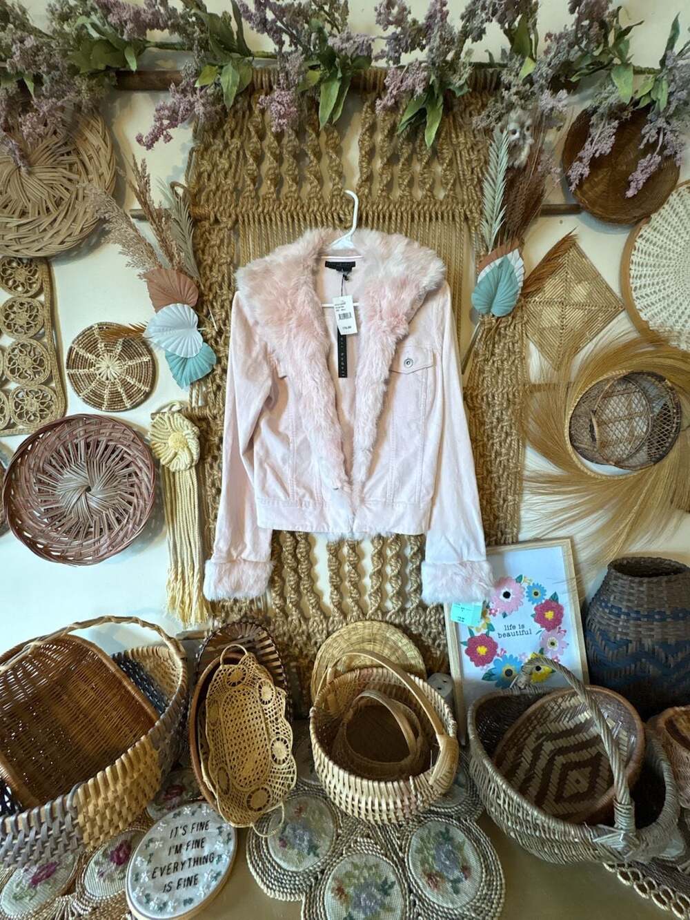 Sheri Bodell Pink Corduroy Jacket with Rabbit Fur Trim small